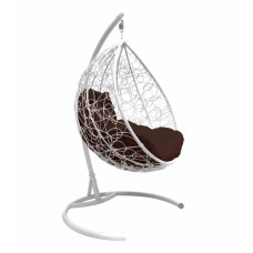 Кресло подвесное Капля ротанг белое+коричневая подушка