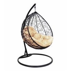 Кресло подвесное кокон Капля ротанг коричневое+бежевая подушка