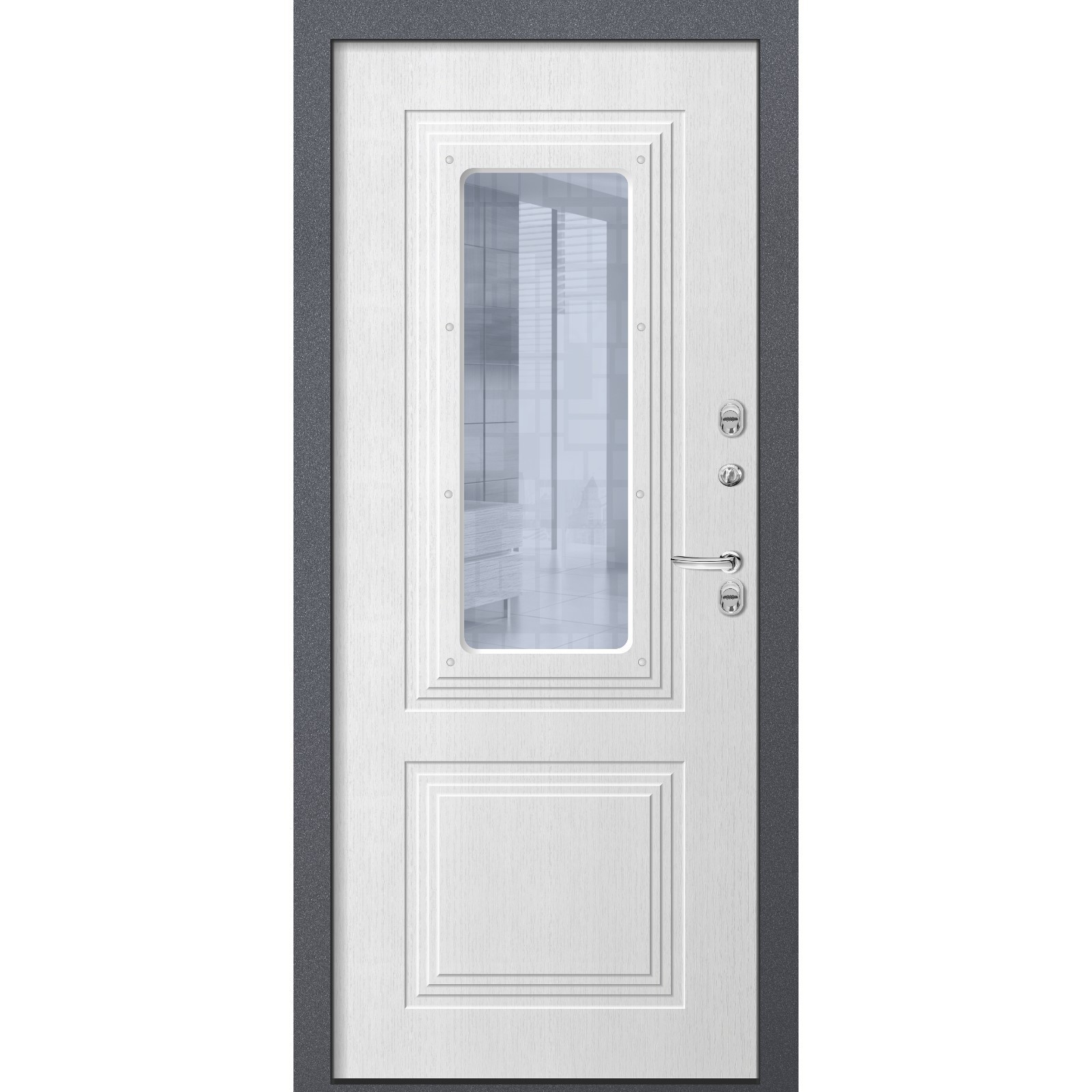 Дверь металлическая  Plata серый муар/ст.бронза/белое дерево 860, правая 
