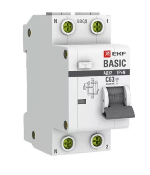 Дифференциальный автомат EKF Basic АД-12 1P+N 63А 30мА 4,5кА