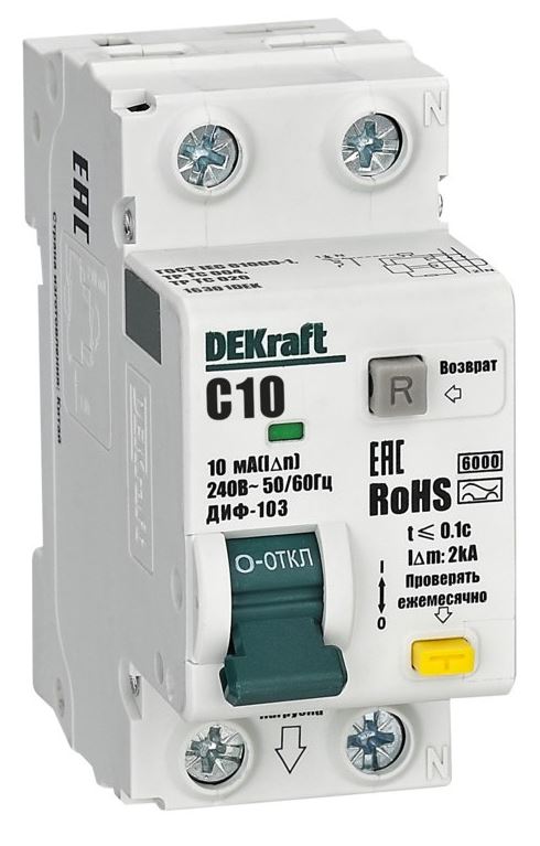 Диф.авт EKF DEKraft 1P+N 10А 10мА АС х.С ДИФ-103 6кА нов.