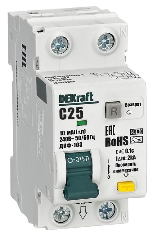 Диф.авт EKF DEKraft 1P+N 25А 10мА АС х.С ДИФ-103 6кА нов.