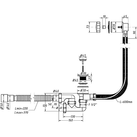 Сифон для ванны ОРИОН A-27089 1 1/2"x40 мм 40x40/50 мм