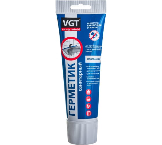Акриловый герметик VGT мастика для внут. и нар. работ санитарный прозрачный 0,25 кг