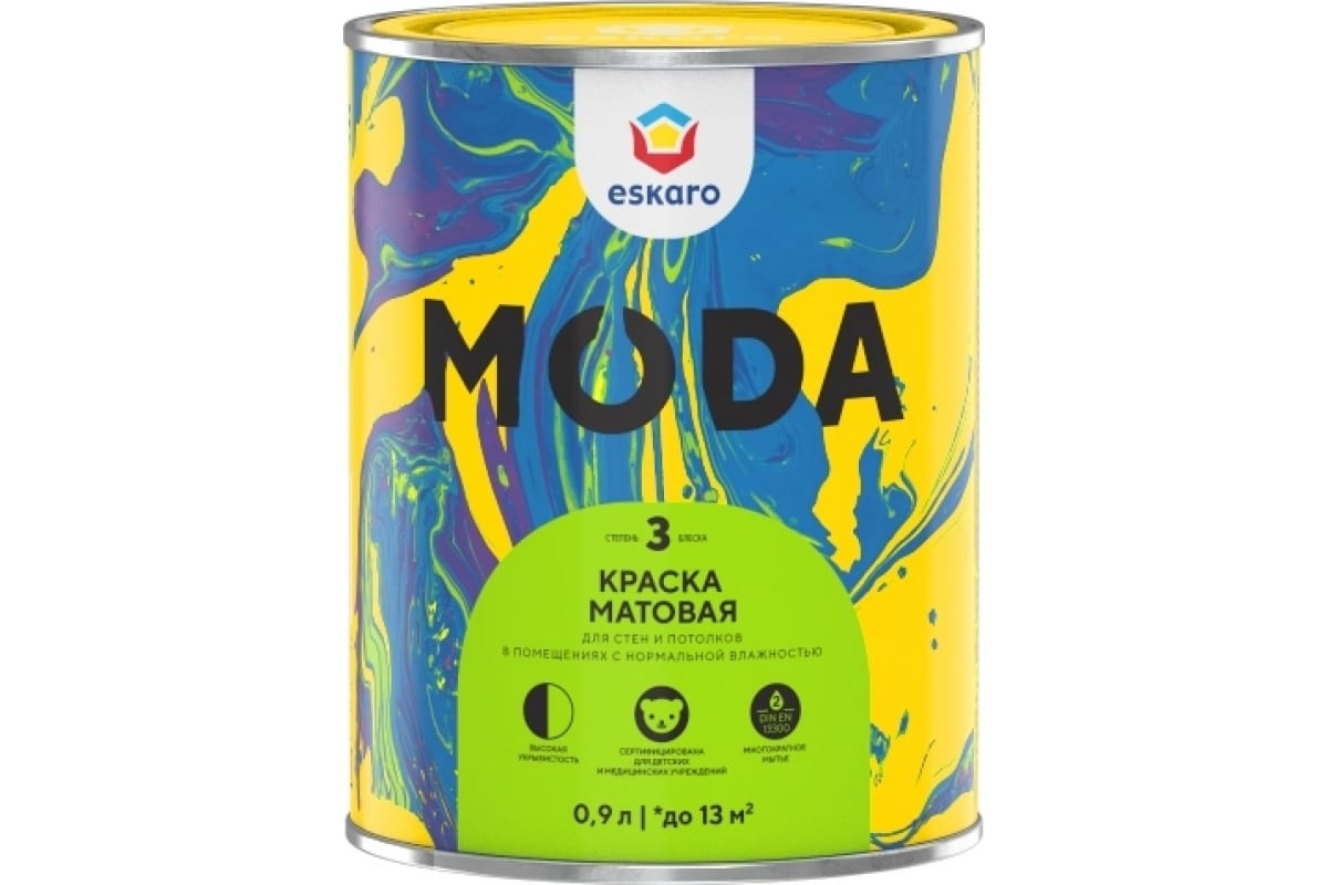 Краска водно-дисперсионная Eskaro MODA 3 моющаяся матовая для стен/потолков TR 0,9л