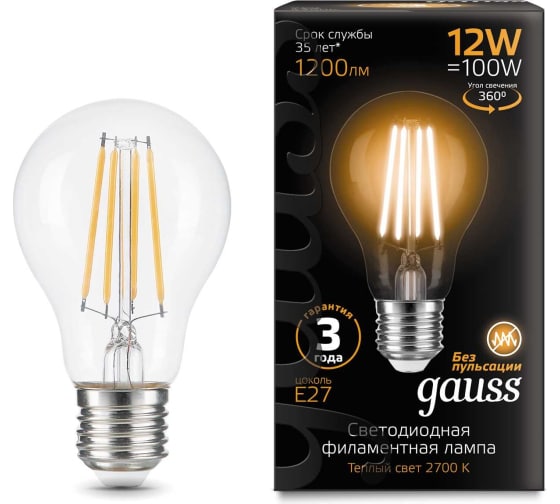 Лампа Gauss LED Filament A60 12W Е27 2700K 1200lm