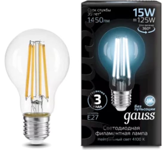 Лампа Gauss LED Filament A60 15W Е27 4100K 1450lm