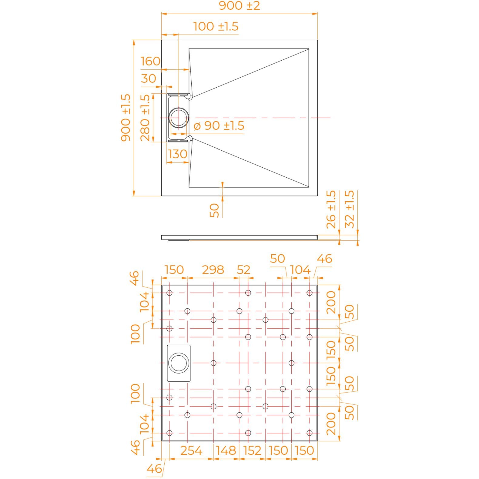 Поддон душевой RGW TUS-099W 90x90x26 белый квадрат  (90мм d слива)