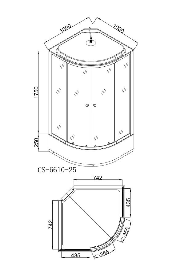 Кабина душ. CS-6610-25G 100*100*215 CП ст.4мм черная Мегасан