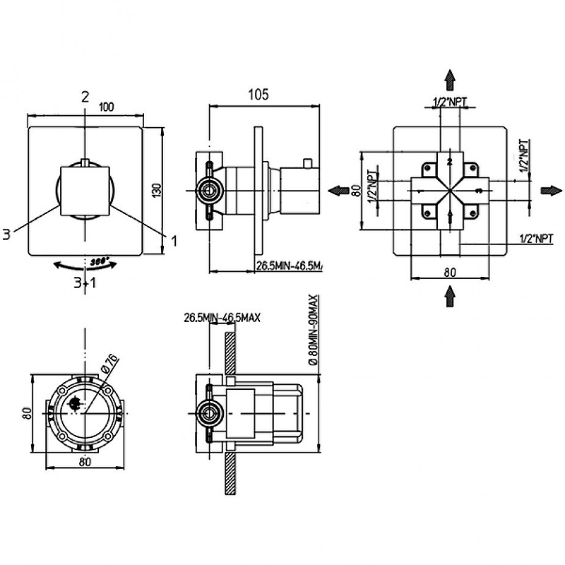 Дивертор встраиваемый Paini Grazia на три выхода 21CR471 хром
