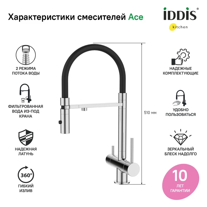 Смеситель для мойки IDDIS Ace ACESBFFi05 высокий излив 3в1 хром