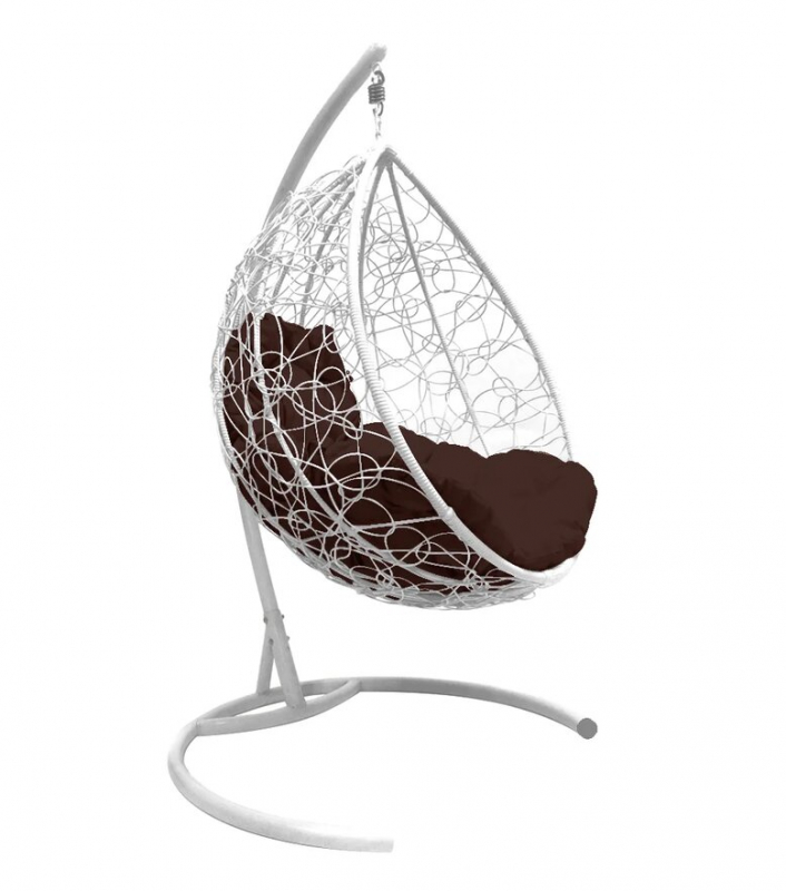 Кресло подвесное Капля ротанг белое+коричневая подушка