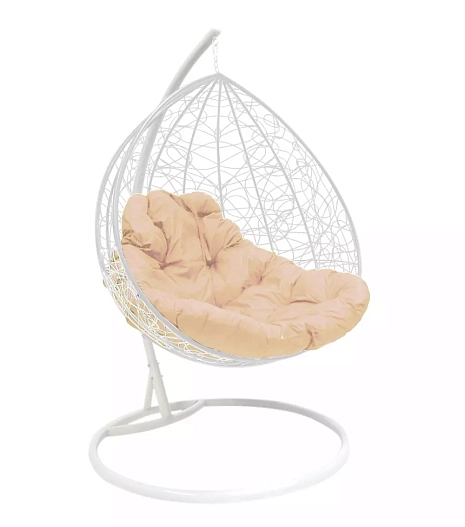 Кресло подвесное XL с ротангом белое+бежевая подушка