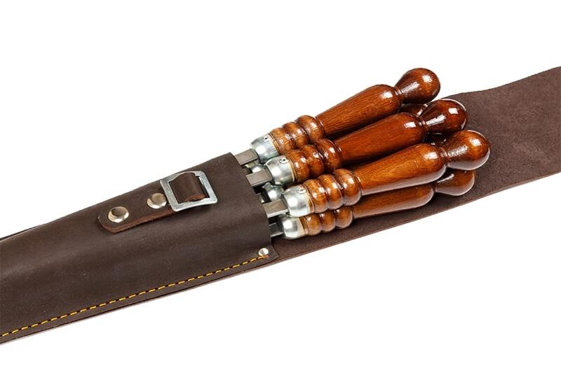Набор шампуров 680x95 мм деревянная ручка 6 шт. чехол натуральная кожа коньяк