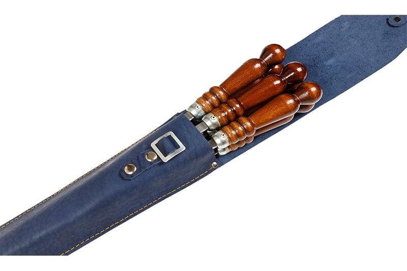Набор шампуров 680x95 мм деревянная ручка 6 шт. чехол натуральная кожа синий